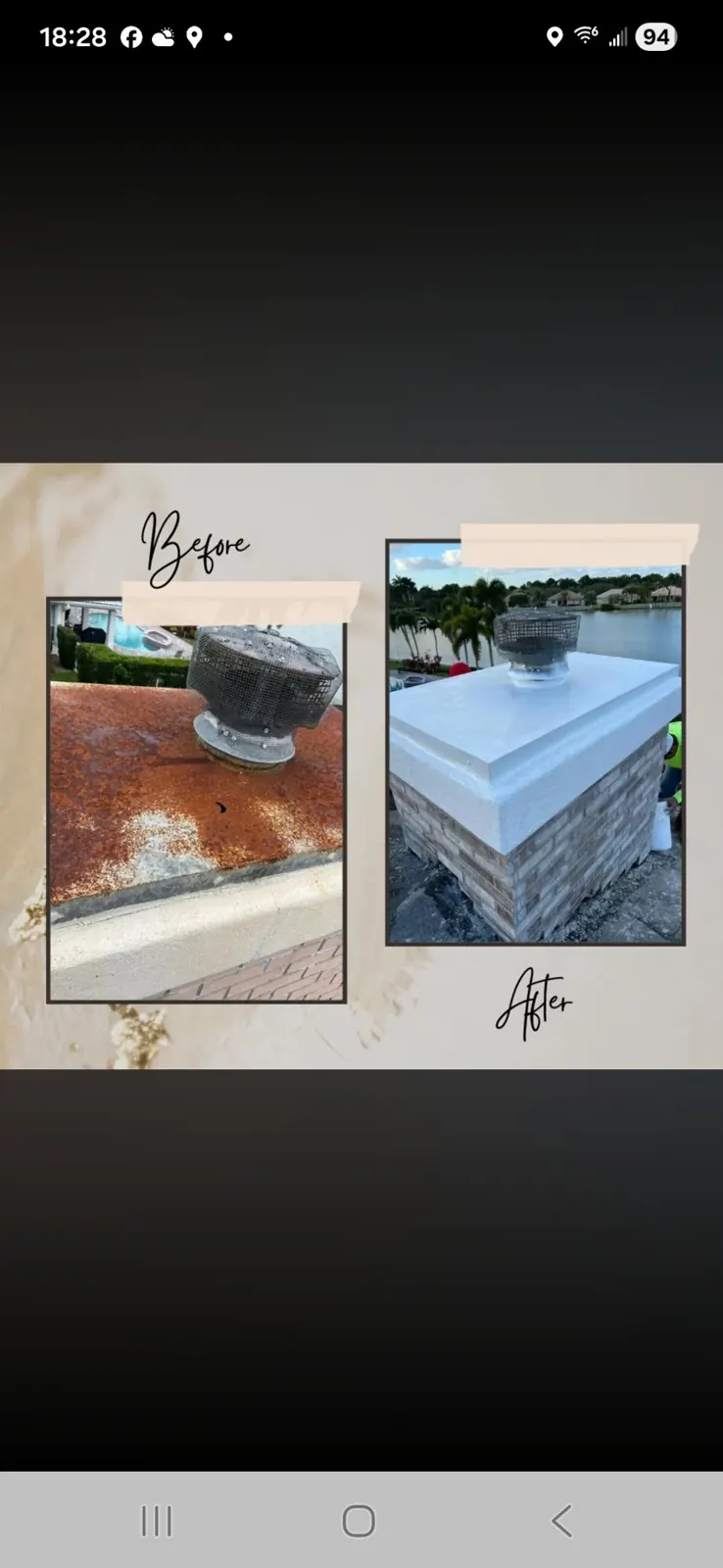Before and after chimney repair: a rusted, weathered chimney crown with a mesh cap, then the same chimney with a new white crown coating and clean brick below